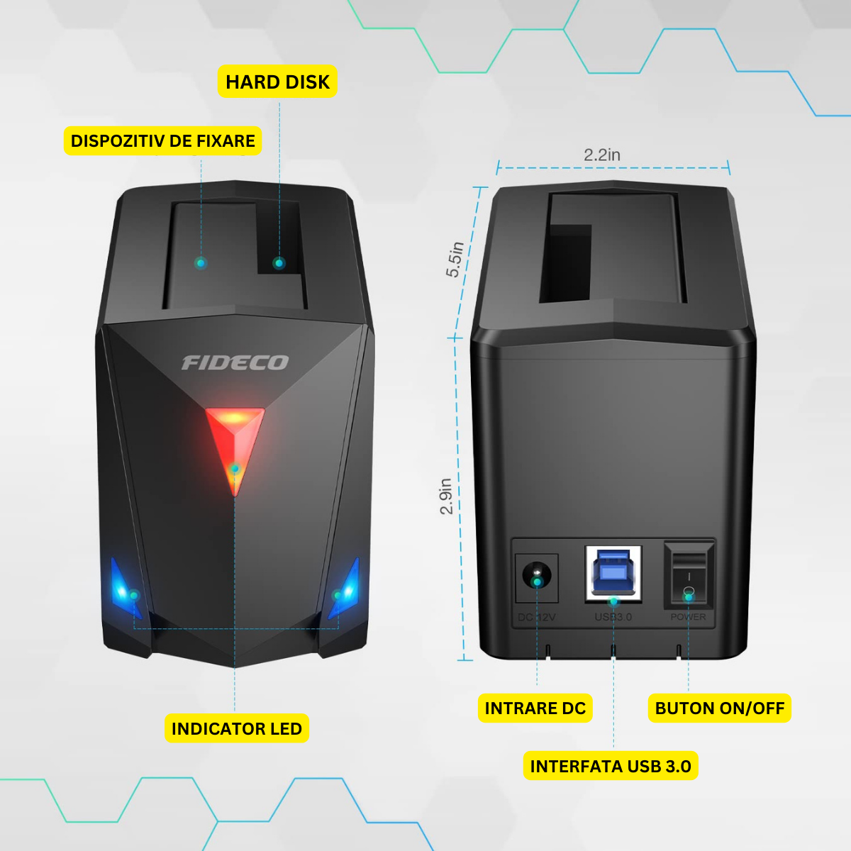 Statie de andocare USB 3.0 pentru hard disk 2.5 sau 3.5 inch SATA I/II/III HDD SSD, carcasa pentru hard disk cu functie de clonare offline, adaptor de alimentare de 12 V, capacitate maxima de 18TB, viteza de 5Gbps