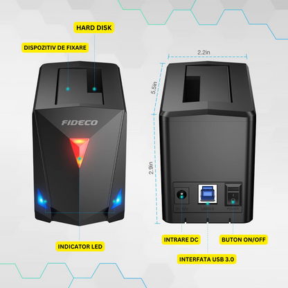 Statie de andocare USB 3.0 pentru hard disk 2.5 sau 3.5 inch SATA I/II/III HDD SSD, carcasa pentru hard disk cu functie de clonare offline, adaptor de alimentare de 12 V, capacitate maxima de 18TB, viteza de 5Gbps
