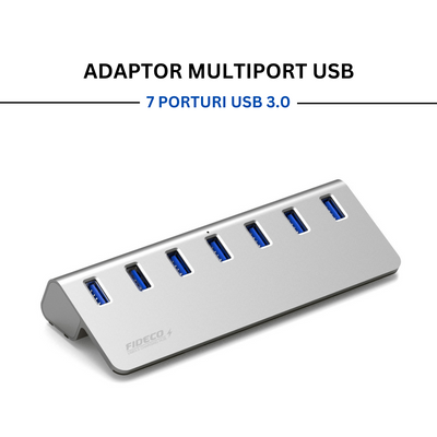 Hub USB Cu 7 porturi USB 3.0, FIDECO, Type-C, Adaptor Multiport portabil, din Aluminiu, 350mb/s, alimentare PC/Priza, 5 Gbps, Gri