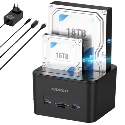 Statie de andocare Hard disk dubla, FIDECO, USB 3.1, Rack compatibil SATA HDD/SSD 2.5"/3.5", Docking Station 4 In 1 cu functia clonare offline, cititor de carduri SD/TF, Porturi Usb, Neagra