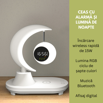 Lampa LED inteligenta cu Ceas alarma, multifunctionala, pentru birou, dormitor, living, cu boxa bluetooth, protectie ochi, touch control, Incarcator Wireless pentru telefon 15W, 7 Culori RGB, baterie 2000 mAh