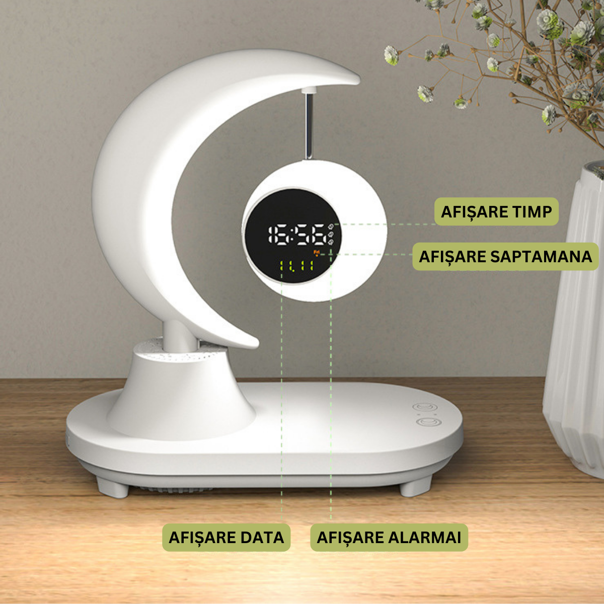 Lampa LED inteligenta cu Ceas alarma, multifunctionala, pentru birou, dormitor, living, cu boxa bluetooth, protectie ochi, touch control, Incarcator Wireless pentru telefon 15W, 7 Culori RGB, baterie 2000 mAh