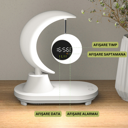 Lampa LED inteligenta cu Ceas alarma, multifunctionala, pentru birou, dormitor, living, cu boxa bluetooth, protectie ochi, touch control, Incarcator Wireless pentru telefon 15W, 7 Culori RGB, baterie 2000 mAh