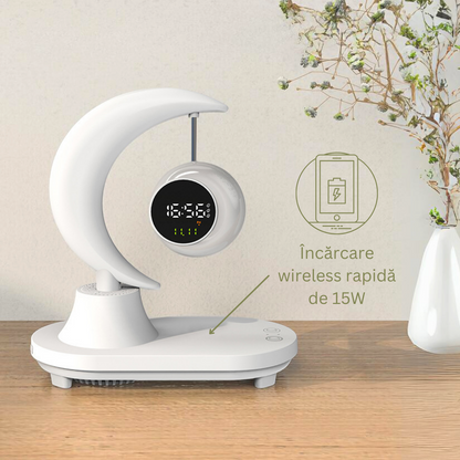 Lampa LED inteligenta cu Ceas alarma, multifunctionala, pentru birou, dormitor, living, cu boxa bluetooth, protectie ochi, touch control, Incarcator Wireless pentru telefon 15W, 7 Culori RGB, baterie 2000 mAh