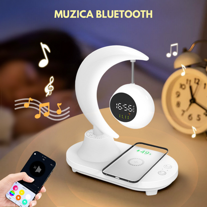 Lampa LED inteligenta cu Ceas alarma, multifunctionala, pentru birou, dormitor, living, cu boxa bluetooth, protectie ochi, touch control, Incarcator Wireless pentru telefon 15W, 7 Culori RGB, baterie 2000 mAh