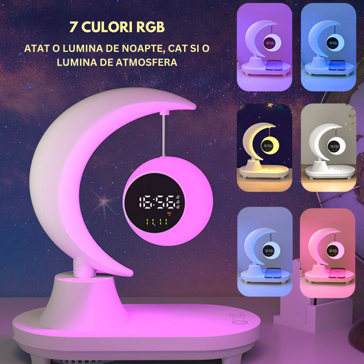 Lampa LED inteligenta cu Ceas alarma, multifunctionala, pentru birou, dormitor, living, cu boxa bluetooth, protectie ochi, touch control, Incarcator Wireless pentru telefon 15W, 7 Culori RGB, baterie 2000 mAh