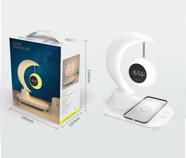 Lampa LED inteligenta cu Ceas alarma, multifunctionala, pentru birou, dormitor, living, cu boxa bluetooth, protectie ochi, touch control, Incarcator Wireless pentru telefon 15W, 7 Culori RGB, baterie 2000 mAh
