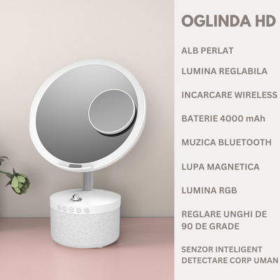 Oglinda cosmetica cu iluminare Led pentru machiaj, cu boxa Bluetooth, Incarcator Wireless pentru telefon 15W, 7 Culori RGB si 3 Trepte de temperatura cu intensitate reglabila si senzor, Lupa makeup cu magnificare 5x, baterie 4000 mAh, Alb perlat