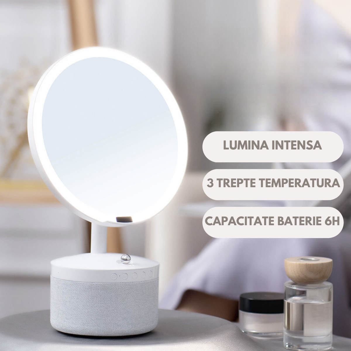 Oglinda cosmetica cu iluminare Led pentru machiaj, cu boxa Bluetooth, Incarcator Wireless pentru telefon 15W, 7 Culori RGB si 3 Trepte de temperatura cu intensitate reglabila si senzor, Lupa makeup cu magnificare 5x, baterie 4000 mAh, Alb perlat