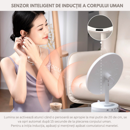 Oglinda cosmetica cu iluminare Led pentru machiaj, cu boxa Bluetooth, Incarcator Wireless pentru telefon 15W, 7 Culori RGB si 3 Trepte de temperatura cu intensitate reglabila si senzor, Lupa makeup cu magnificare 5x, baterie 4000 mAh, Alb perlat