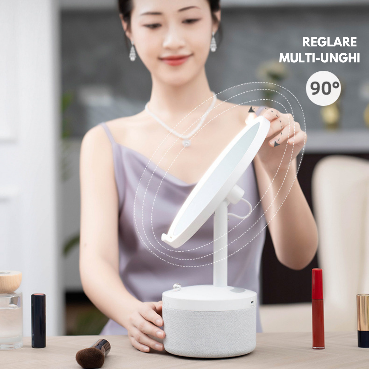 Oglinda cosmetica cu iluminare Led pentru machiaj, cu boxa Bluetooth, Incarcator Wireless pentru telefon 15W, 7 Culori RGB si 3 Trepte de temperatura cu intensitate reglabila si senzor, Lupa makeup cu magnificare 5x, baterie 4000 mAh, Alb perlat
