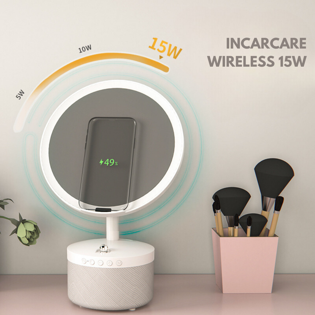 Oglinda cosmetica cu iluminare Led pentru machiaj, cu boxa Bluetooth, Incarcator Wireless pentru telefon 15W, 7 Culori RGB si 3 Trepte de temperatura cu intensitate reglabila si senzor, Lupa makeup cu magnificare 5x, baterie 4000 mAh, Alb perlat