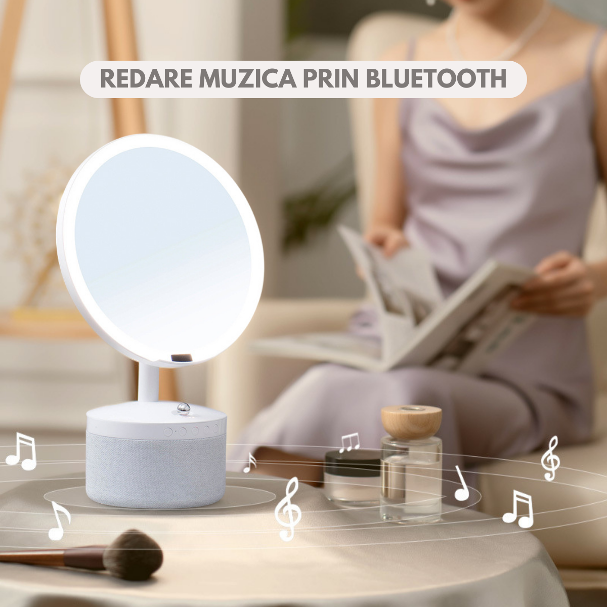 Oglinda cosmetica cu iluminare Led pentru machiaj, cu boxa Bluetooth, Incarcator Wireless pentru telefon 15W, 7 Culori RGB si 3 Trepte de temperatura cu intensitate reglabila si senzor, Lupa makeup cu magnificare 5x, baterie 4000 mAh, Alb perlat