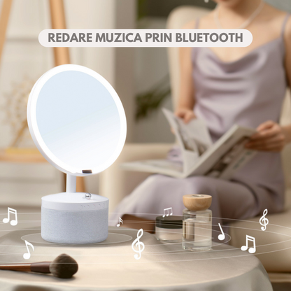 Oglinda cosmetica cu iluminare Led pentru machiaj, cu boxa Bluetooth, Incarcator Wireless pentru telefon 15W, 7 Culori RGB si 3 Trepte de temperatura cu intensitate reglabila si senzor, Lupa makeup cu magnificare 5x, baterie 4000 mAh, Alb perlat