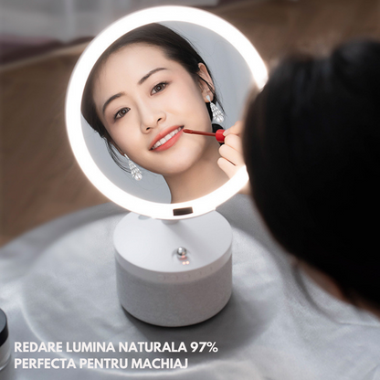 Oglinda cosmetica cu iluminare Led pentru machiaj, cu boxa Bluetooth, Incarcator Wireless pentru telefon 15W, 7 Culori RGB si 3 Trepte de temperatura cu intensitate reglabila si senzor, Lupa makeup cu magnificare 5x, baterie 4000 mAh, Alb perlat