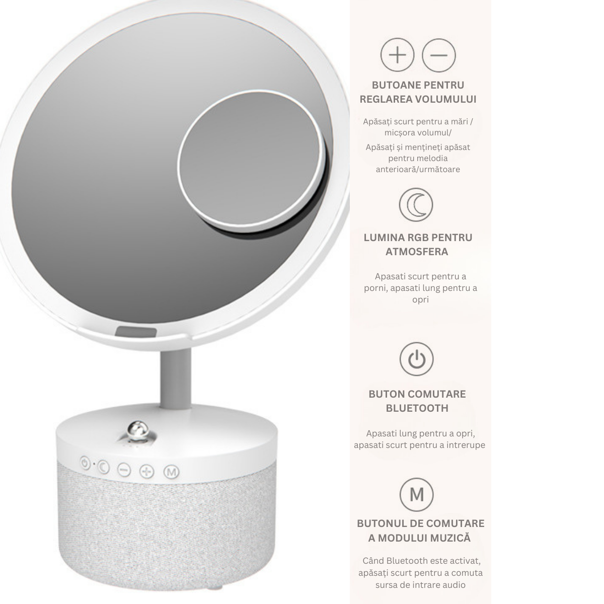 Oglinda cosmetica cu iluminare Led pentru machiaj, cu boxa Bluetooth, Incarcator Wireless pentru telefon 15W, 7 Culori RGB si 3 Trepte de temperatura cu intensitate reglabila si senzor, Lupa makeup cu magnificare 5x, baterie 4000 mAh, Alb perlat