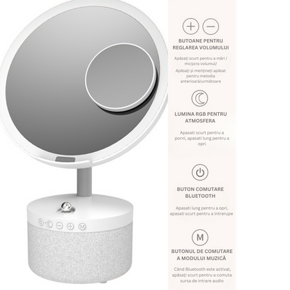 Oglinda cosmetica cu iluminare Led pentru machiaj, cu boxa Bluetooth, Incarcator Wireless pentru telefon 15W, 7 Culori RGB si 3 Trepte de temperatura cu intensitate reglabila si senzor, Lupa makeup cu magnificare 5x, baterie 4000 mAh, Alb perlat