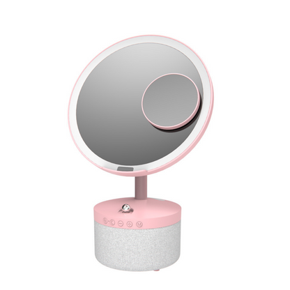 Oglinda cosmetica cu iluminare Led pentru machiaj, cu boxa Bluetooth, Incarcator Wireless pentru telefon 15W, 7 Culori RGB si 3 Trepte de temperatura cu intensitate reglabila si senzor, Lupa makeup cu magnificare 5x, baterie 4000 mAh, Roz