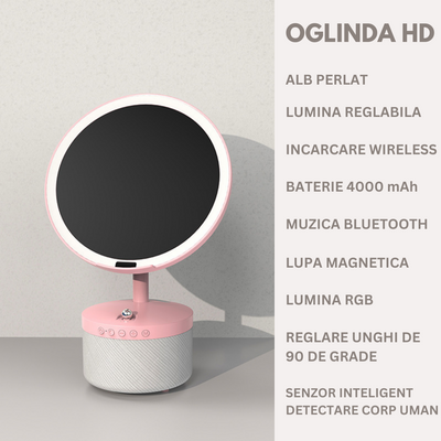 Oglinda cosmetica cu iluminare Led pentru machiaj, cu boxa Bluetooth, Incarcator Wireless pentru telefon 15W, 7 Culori RGB si 3 Trepte de temperatura cu intensitate reglabila si senzor, Lupa makeup cu magnificare 5x, baterie 4000 mAh, Roz