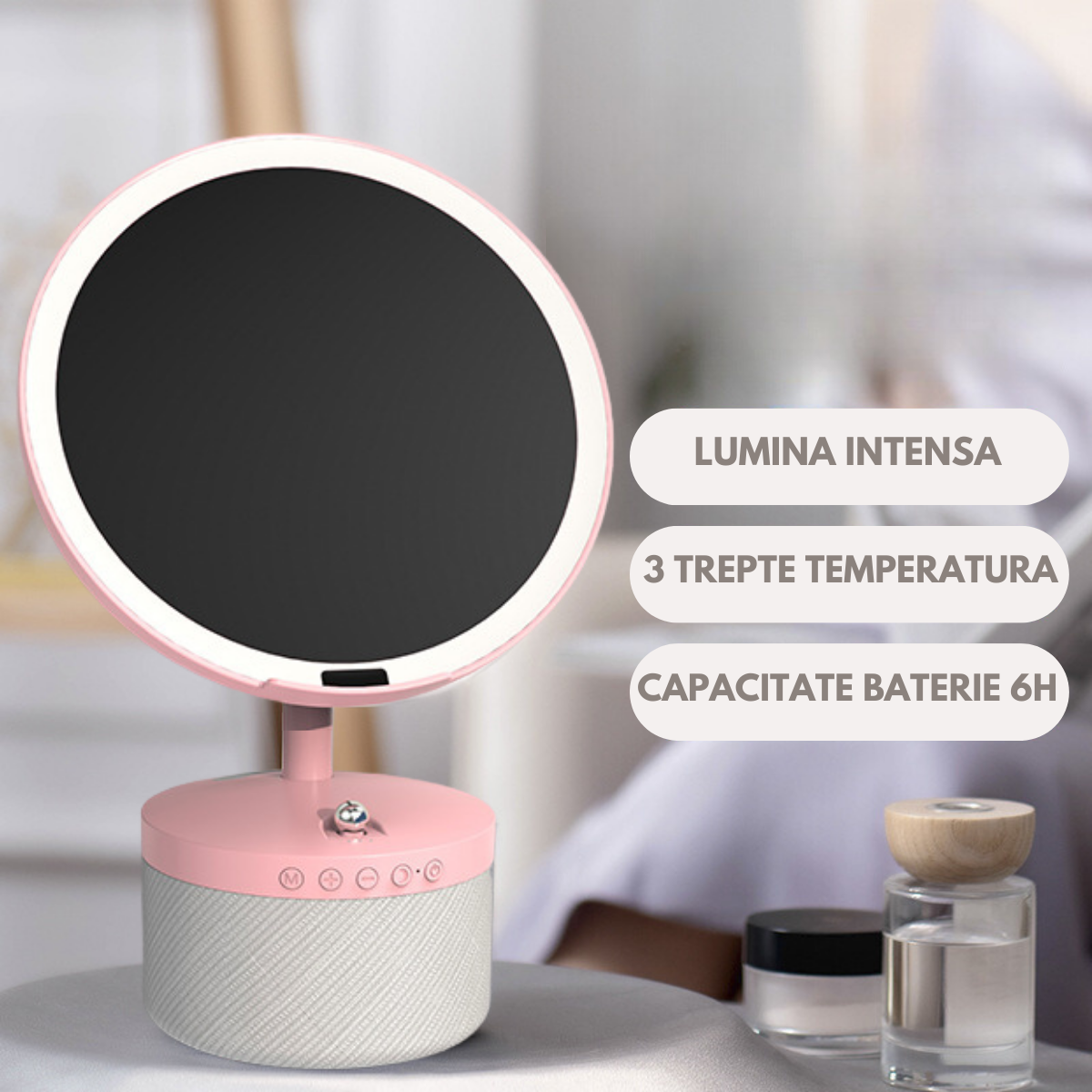 Oglinda cosmetica cu iluminare Led pentru machiaj, cu boxa Bluetooth, Incarcator Wireless pentru telefon 15W, 7 Culori RGB si 3 Trepte de temperatura cu intensitate reglabila si senzor, Lupa makeup cu magnificare 5x, baterie 4000 mAh, Roz