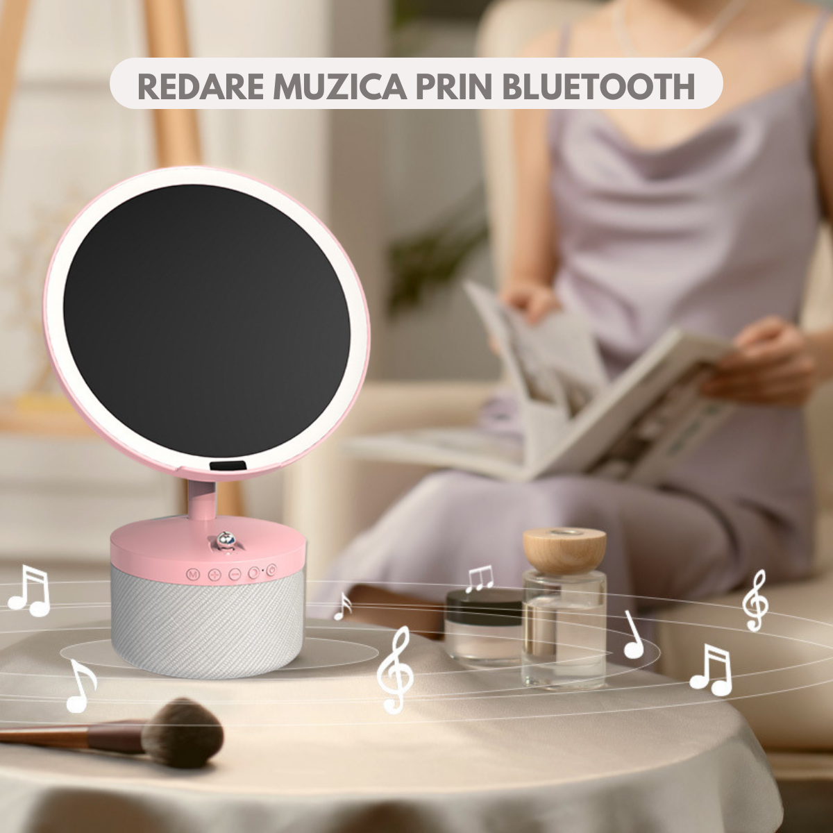 Oglinda cosmetica cu iluminare Led pentru machiaj, cu boxa Bluetooth, Incarcator Wireless pentru telefon 15W, 7 Culori RGB si 3 Trepte de temperatura cu intensitate reglabila si senzor, Lupa makeup cu magnificare 5x, baterie 4000 mAh, Roz