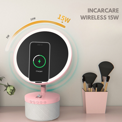 Oglinda cosmetica cu iluminare Led pentru machiaj, cu boxa Bluetooth, Incarcator Wireless pentru telefon 15W, 7 Culori RGB si 3 Trepte de temperatura cu intensitate reglabila si senzor, Lupa makeup cu magnificare 5x, baterie 4000 mAh, Roz