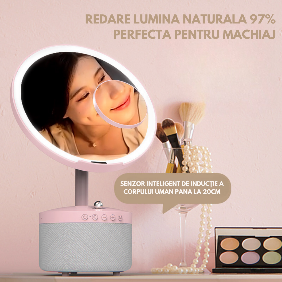 Oglinda cosmetica cu iluminare Led pentru machiaj, cu boxa Bluetooth, Incarcator Wireless pentru telefon 15W, 7 Culori RGB si 3 Trepte de temperatura cu intensitate reglabila si senzor, Lupa makeup cu magnificare 5x, baterie 4000 mAh, Roz