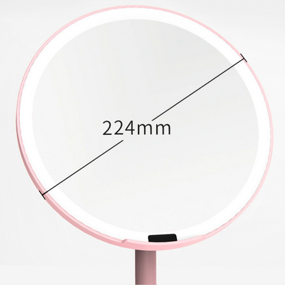 Oglinda cosmetica cu iluminare Led pentru machiaj, cu boxa Bluetooth, Incarcator Wireless pentru telefon 15W, 7 Culori RGB si 3 Trepte de temperatura cu intensitate reglabila si senzor, Lupa makeup cu magnificare 5x, baterie 4000 mAh, Roz