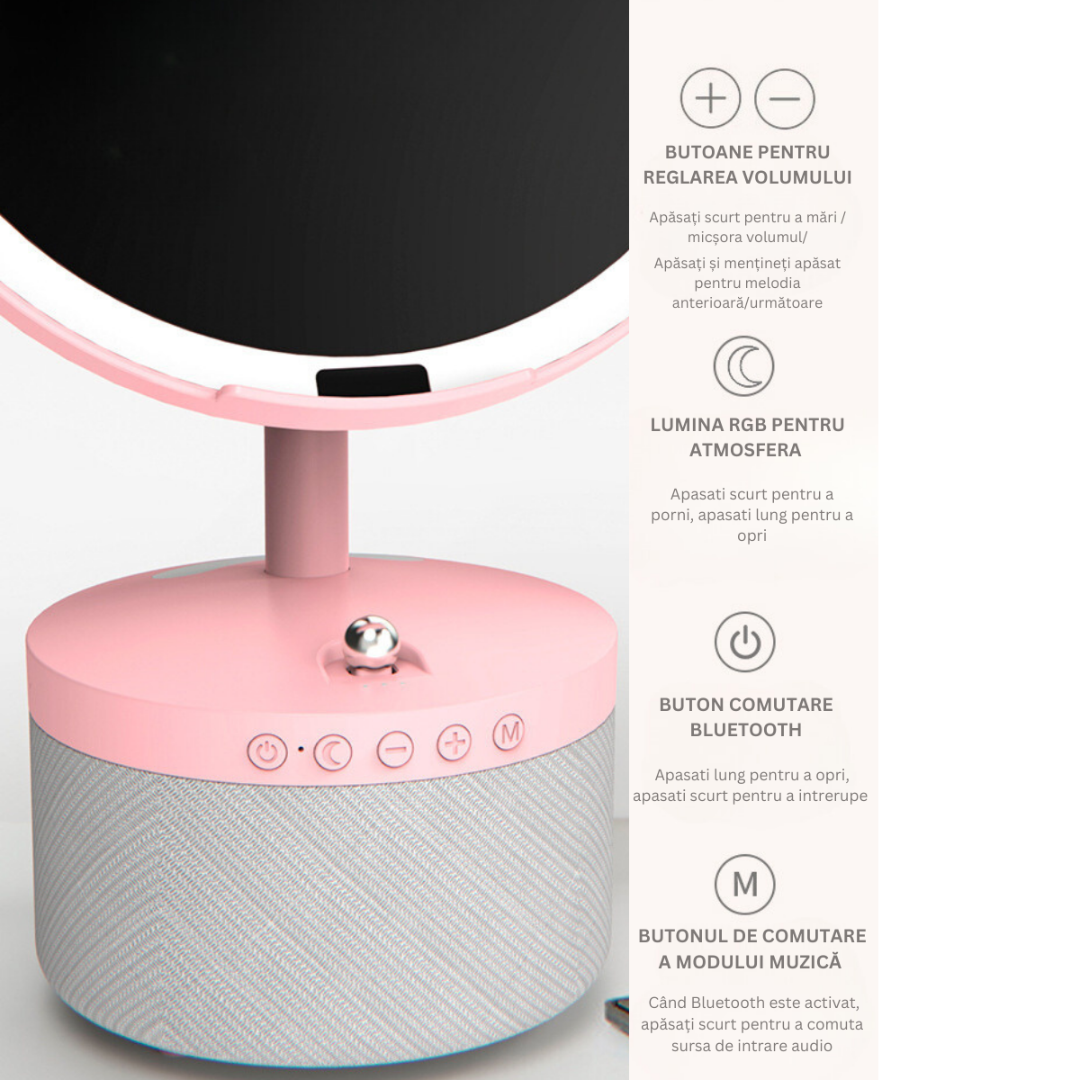 Oglinda cosmetica cu iluminare Led pentru machiaj, cu boxa Bluetooth, Incarcator Wireless pentru telefon 15W, 7 Culori RGB si 3 Trepte de temperatura cu intensitate reglabila si senzor, Lupa makeup cu magnificare 5x, baterie 4000 mAh, Roz