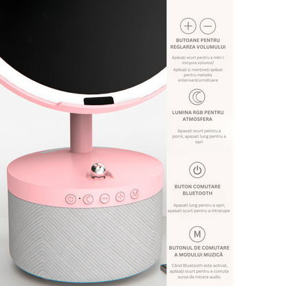 Oglinda cosmetica cu iluminare Led pentru machiaj, cu boxa Bluetooth, Incarcator Wireless pentru telefon 15W, 7 Culori RGB si 3 Trepte de temperatura cu intensitate reglabila si senzor, Lupa makeup cu magnificare 5x, baterie 4000 mAh, Roz