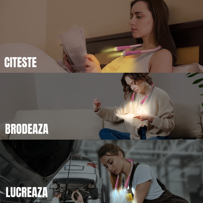 Lampa de citit pentru gat, Flexibila si usoara, Glocusent®, incarcare USB, LED Multifuntionala pentru lectura, tricotat si reparatii, Oprire automata, 3 Temperaturi de culoare cu 3 Niveluri de Luminozitate, 128g x 24cm, Roz