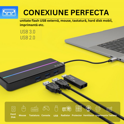 Hub USB portabil de andocare multifunctional, VisionHub®, 8 in 1 USB C, Port Internet, Cititor de carduri SD/TF, HDMI 4k, UBS 3.0, RGB cu luminare LED din aluminiu, pentru laptop