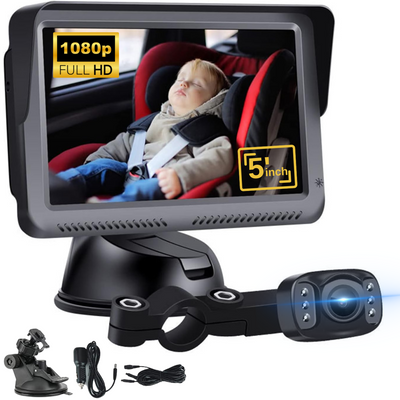 Camera video auto HD pentru monitorizare a bebelusilor si copiilor pentru scaunul din spate al masinii, Baby monitor cu rezolutie 1080p reglabil LCD de 5 inch VisionHub®, cu functie de vedere nocturna, alimentare 12V
