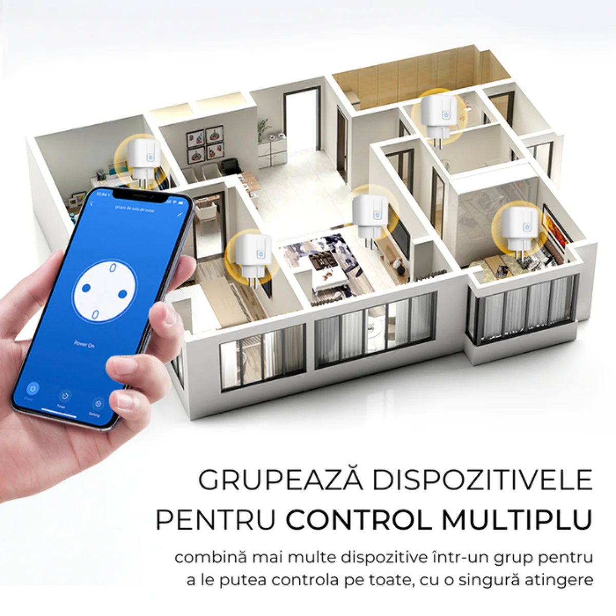 Set 4 Priza Smart, VisionHub®, cu contorizare si monitorizare consum energie, control Aplicatie tuya Smart Life, Suport pentru Alexa, Google HomeTimer, Protectie incarcare, Alb