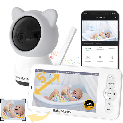 Baby Monitor WiFi 2in1 cu Camera Audio-Video Multi View, VisionHub®, UltraHD/5” Night Vision, Aplicatie Telefon, Rotire 355°/90°, Zoom 4X pentru Supraveghere Bebe, 3000mAh, Notificari Miscare, Sunet, Temperatura, Umiditate, Cantece, Mod ECO