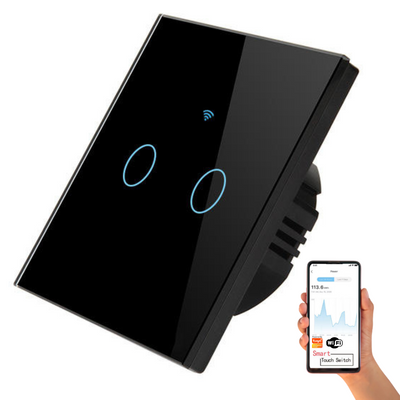 Intrerupator inteligent cu touch, Wireless, VisionHub®, Wi-fi, 2 Canale, Sticla Securizata, Compatibil iOS/Android, Tuya, Amazon Alexa/Google Assistant, Negru