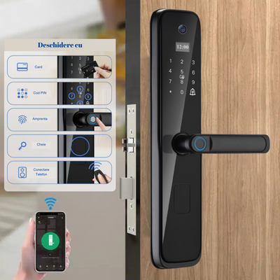 Incuietoare inteligenta Wireless Premium VisionHub®, Yala 5in1 cu Camera video si ecran HD, control de la distanta WiFi, broasca inclusa, acces prin Aplicatie, Card, Amprenta, Parola, Cheie, alarma efractie, aplicatie telefon Android si IOS