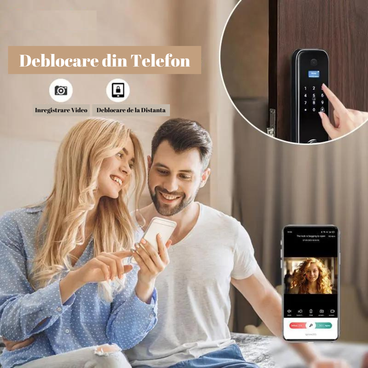 Incuietoare inteligenta Wireless Premium VisionHub®, Yala 5in1 cu Camera video si ecran HD, control de la distanta WiFi, broasca inclusa, acces prin Aplicatie, Card, Amprenta, Parola, Cheie, alarma efractie, aplicatie telefon Android si IOS