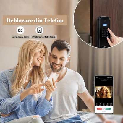 Incuietoare inteligenta Wireless Premium VisionHub®, Yala 5in1 cu Camera video si ecran HD, control de la distanta WiFi, broasca inclusa, acces prin Aplicatie, Card, Amprenta, Parola, Cheie, alarma efractie, aplicatie telefon Android si IOS