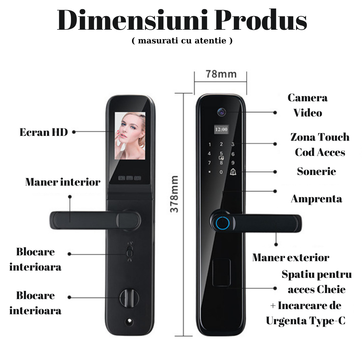Incuietoare inteligenta Wireless Premium VisionHub®, Yala 5in1 cu Camera video si ecran HD, control de la distanta WiFi, broasca inclusa, acces prin Aplicatie, Card, Amprenta, Parola, Cheie, alarma efractie, aplicatie telefon Android si IOS