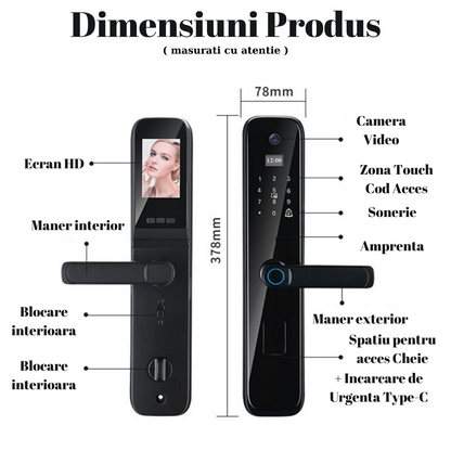 Incuietoare inteligenta Wireless Premium VisionHub®, Yala 5in1 cu Camera video si ecran HD, control de la distanta WiFi, broasca inclusa, acces prin Aplicatie, Card, Amprenta, Parola, Cheie, alarma efractie, aplicatie telefon Android si IOS