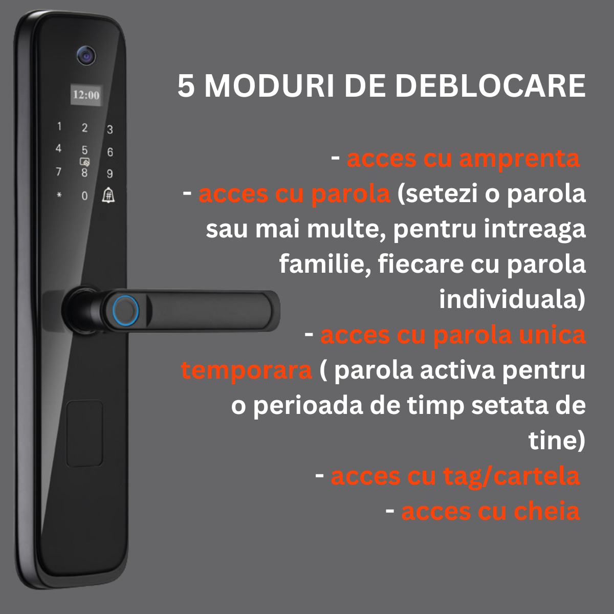 Incuietoare inteligenta Wireless Premium VisionHub®, Yala 5in1 cu Camera video si ecran HD, control de la distanta WiFi, broasca inclusa, acces prin Aplicatie, Card, Amprenta, Parola, Cheie, alarma efractie, aplicatie telefon Android si IOS