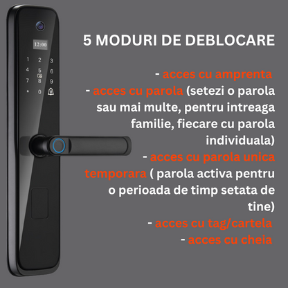 Incuietoare inteligenta Wireless Premium VisionHub®, Yala 5in1 cu Camera video si ecran HD, control de la distanta WiFi, broasca inclusa, acces prin Aplicatie, Card, Amprenta, Parola, Cheie, alarma efractie, aplicatie telefon Android si IOS