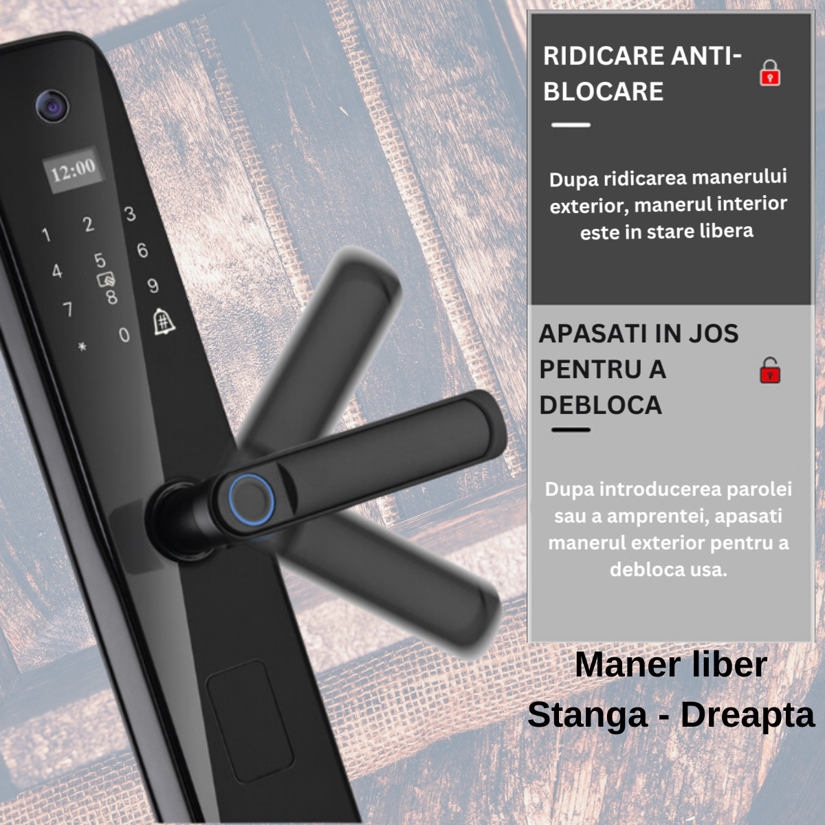 Incuietoare inteligenta Wireless Premium VisionHub®, Yala 5in1 cu Camera video si ecran HD, control de la distanta WiFi, broasca inclusa, acces prin Aplicatie, Card, Amprenta, Parola, Cheie, alarma efractie, aplicatie telefon Android si IOS