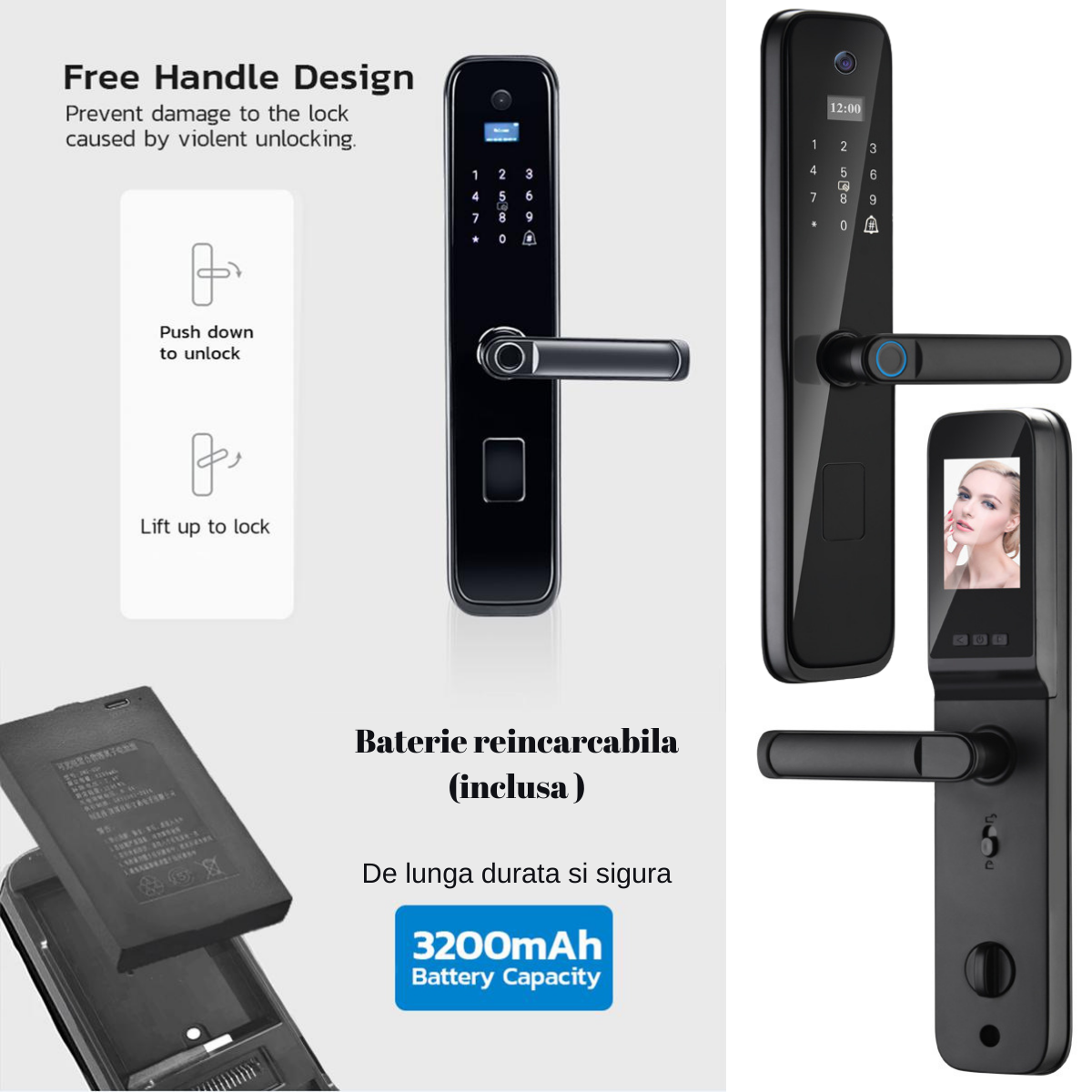 Incuietoare inteligenta Wireless Premium VisionHub®, Yala 5in1 cu Camera video si ecran HD, control de la distanta WiFi, broasca inclusa, acces prin Aplicatie, Card, Amprenta, Parola, Cheie, alarma efractie, aplicatie telefon Android si IOS