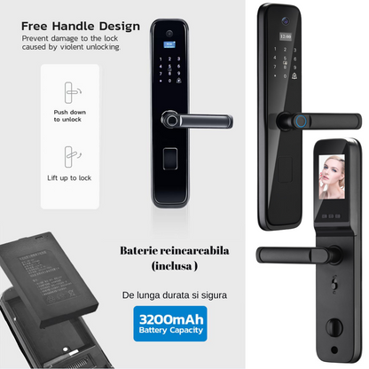 Incuietoare inteligenta Wireless Premium VisionHub®, Yala 5in1 cu Camera video si ecran HD, control de la distanta WiFi, broasca inclusa, acces prin Aplicatie, Card, Amprenta, Parola, Cheie, alarma efractie, aplicatie telefon Android si IOS