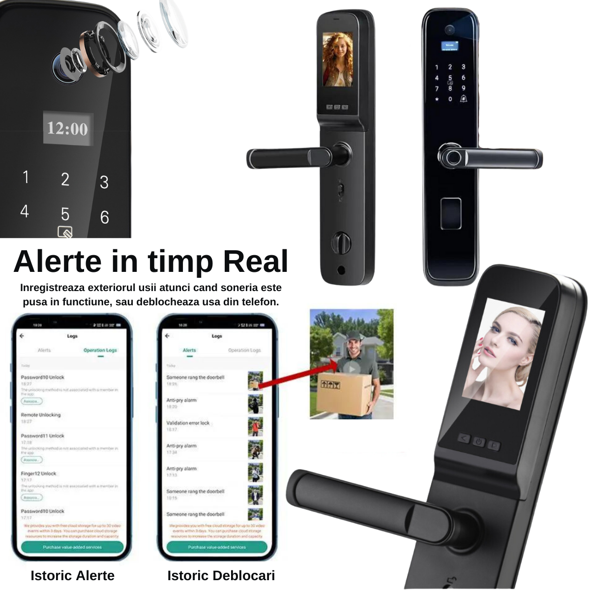 Incuietoare inteligenta Wireless Premium VisionHub®, Yala 5in1 cu Camera video si ecran HD, control de la distanta WiFi, broasca inclusa, acces prin Aplicatie, Card, Amprenta, Parola, Cheie, alarma efractie, aplicatie telefon Android si IOS