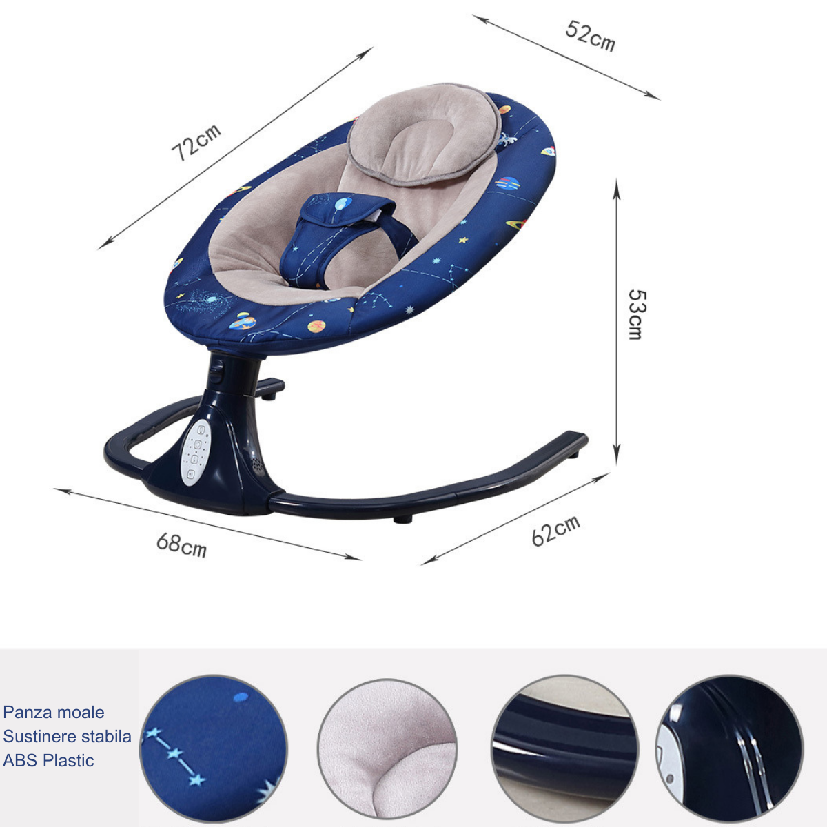 Leagan Electric Multifunctional Pentru Bebelusi, VisionHub®, Conexiune Bluetooth cu Telecomanda, Intensitate Reglabila cu 4 viteze, Jucarii si Melodii, cu Acoperis Rabatabil si Plasa Protectie Tantari, Albastru