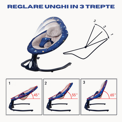 Leagan Electric Multifunctional Pentru Bebelusi, VisionHub®, Conexiune Bluetooth cu Telecomanda, Intensitate Reglabila cu 4 viteze, Jucarii si Melodii, cu Acoperis Rabatabil si Plasa Protectie Tantari, Albastru