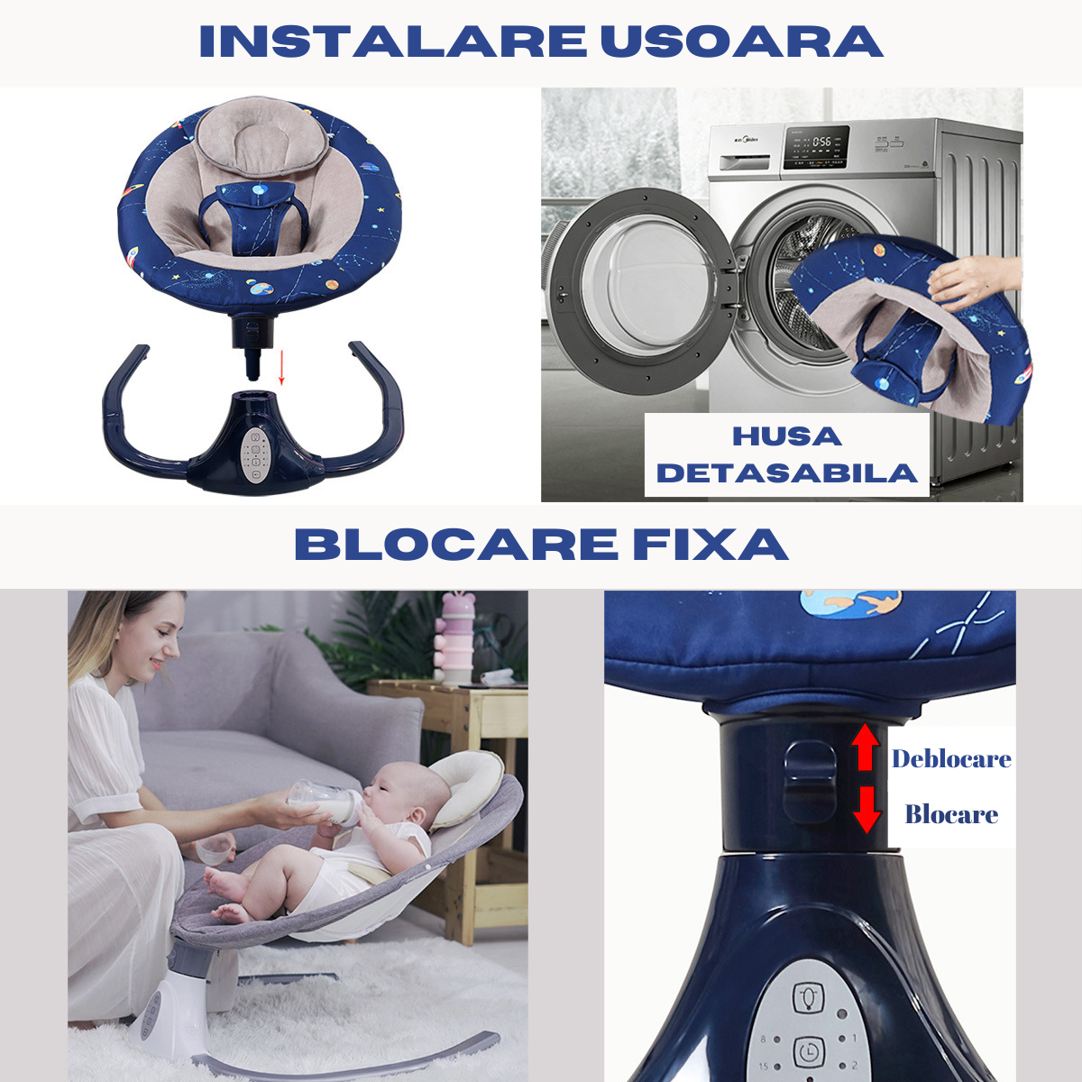 Leagan Electric Multifunctional Pentru Bebelusi, VisionHub®, Conexiune Bluetooth cu Telecomanda, Intensitate Reglabila cu 4 viteze, Jucarii si Melodii, cu Acoperis Rabatabil si Plasa Protectie Tantari, Albastru